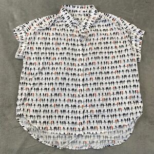 Jane Delancey Button Down Women S White Bird Parrot Print Short Sleeve Top Boho